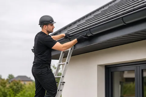 Installateur fixant une gouttière anthracite sous un toit résidentiel