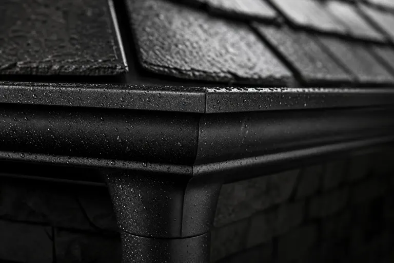 Détail d'un coin de gouttière aluminium noir sous la pluie