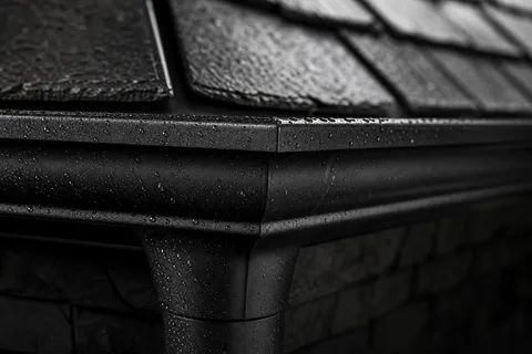 Détail d'un coin de gouttière aluminium noir sous la pluie